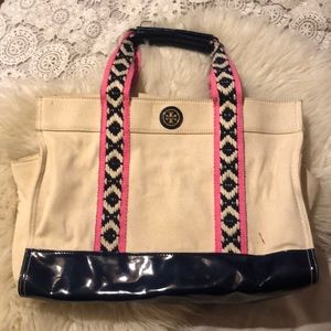Tory Burch canvas tote. Navy patent leather bottom